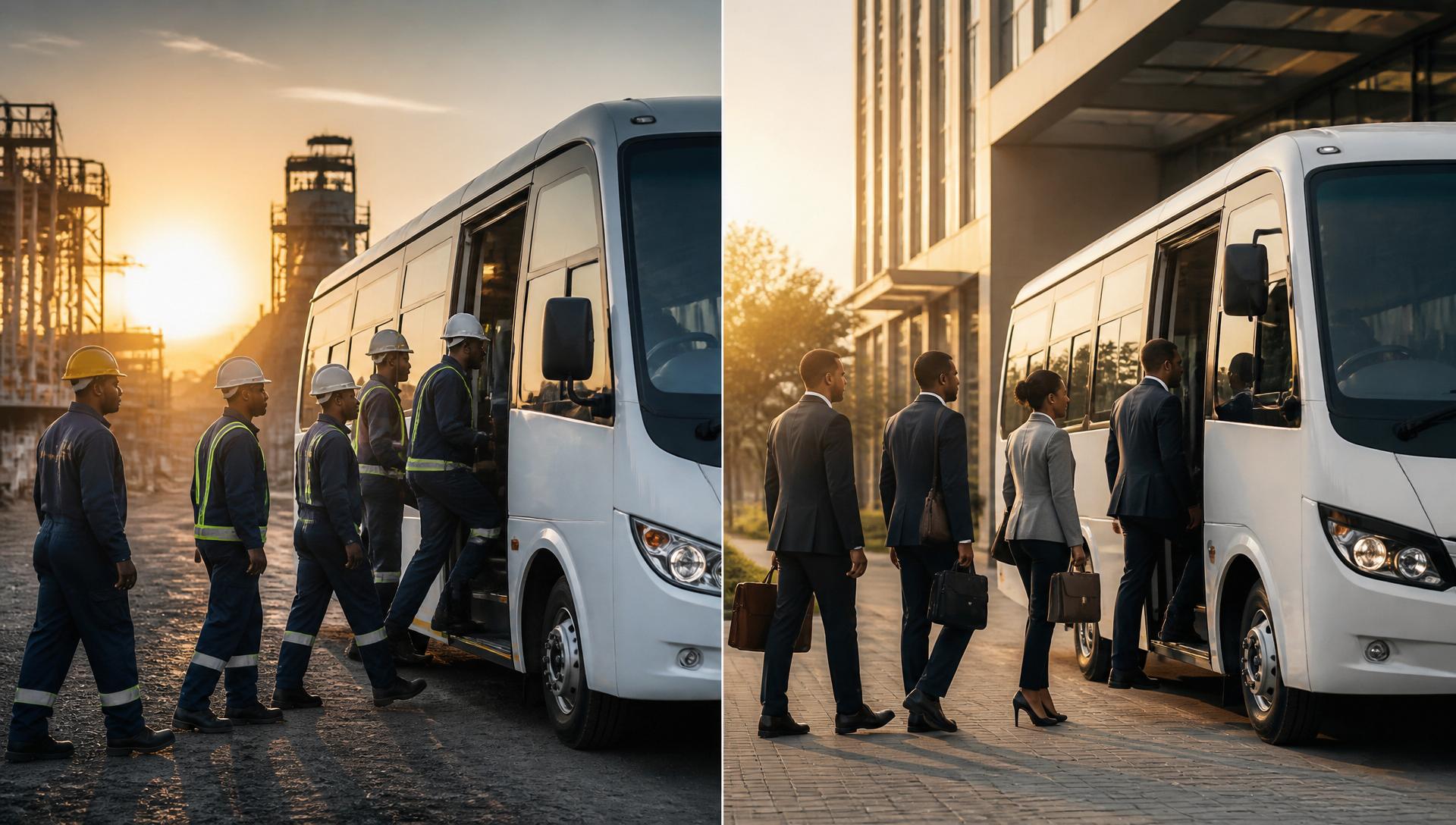 Broadway Affiliated minibus transporting industrial workers and corporate staff